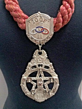 Vintage Ioof Masonic Sterling Silver Necklace On Silk Braided Cord