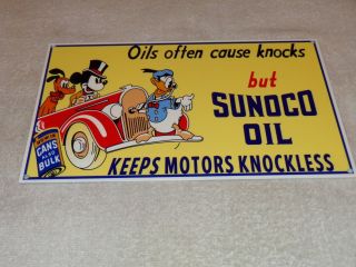 Vintage Sunoco Oil Mickey Mouse,  Donald Duck & Pluto 12 " Metal Gasoline Sign Gas