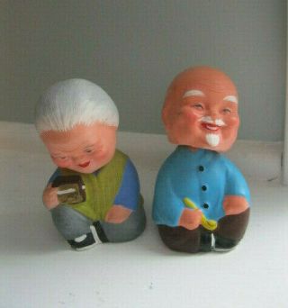 Vintage Chinese Old Man Woman Mud Clay Hand Painted Nodders Asian One Of A Kind