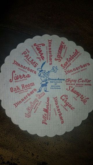 Vintage Very Rare Dinnerhorn Restaurants Of Southern California Napkin/coaster