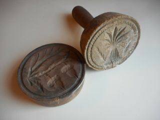 2 Antique Hand Carved Butter Stamps.  Butter Print / Mold / Press