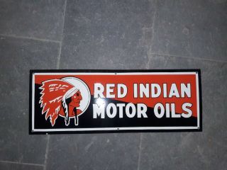 Porcelain Red Indian Motor Oils Enamel Sign Size 12 " X 32 " Inches