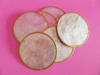 Vintage Mother Of Pearl Shell Coaster Set,  Brass Rims & Cork Backing,  1950s Mop