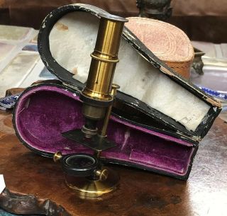 ANTIQUE 1800s FRENCH BRASS COMPACT FIELD MICROSCOPE Pocket Coffin Case Minature 2