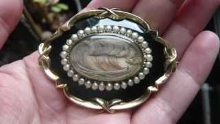 Victorian 9 Carat Gold,  Enamel And Seed Pearl Mourning Brooch Date 1855