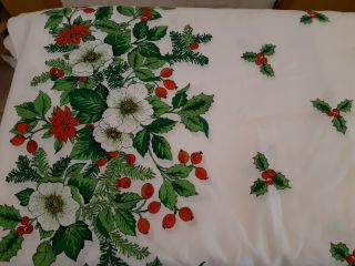 Vintage Christmas Table Cloth 52 " X 70 " White Holly Berrys Poinsettia
