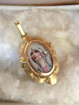 18k Yellow Gold Hand Painted Virgin Mary Antique Pendant