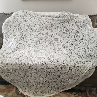 Vintage Round Lace Tablecloth Cream Off White 74 " Cutter Repair