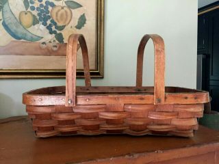 Antique Oak Splint Rectangular Gathering Basket With Two Swing Handles Folk Art