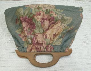 Vtg Knitting/sewing Bag/purse W/wood Handles - Floral Barkcloth? Curtain Fabric