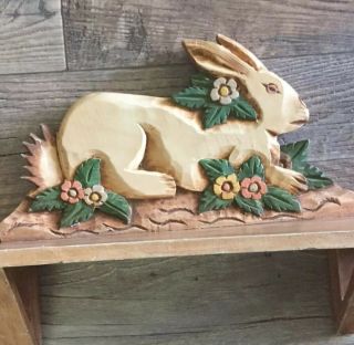 Wood Carved Shelf - Rabbit Folk Art 20” - Flowers Bunny