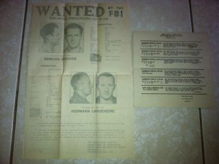 Orig.  1944 Wwii German Nazi Pow Prisoners Of War Fbi Wanted Poster Pls Offer