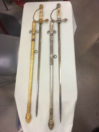 (2) Vintage Antique Masonic Ceremonial Swords W/ Names Engraved Pre - 1930