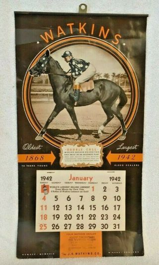 1942 Watkins Medicine Drug Store Calendar Race Horse Double Call Sign Memphis Tn