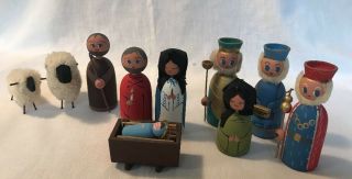 Vtg Anne Beate Denmark Wood Nativity Set Mary Joseph Baby Jesus Wise Men Angel