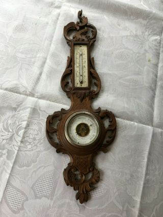 Antique French Wall Black Forest Barometer Thermometer Carved Wood