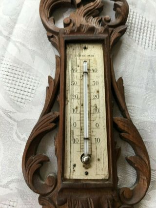 Antique French wall black forest barometer thermometer carved wood 3