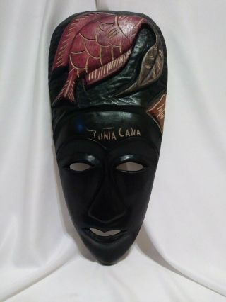 Vintage Hand Carved Wooden Tribal Face Mask/fish And Hollowed Eyes Punta Cana