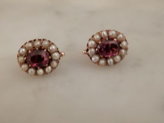 A Stunning Antique 9 Ct Gold Garnet And Pearl Cluster Earrings