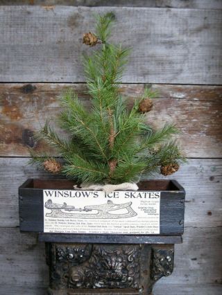 Antique Wood Cheese Box Black Milk Paint Ice Skate Label W Christmas Tree