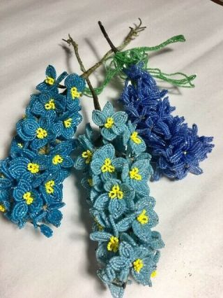 Vintage French Handmade Seed Beaded Flowers 3 Blue/aqua Hyacinth