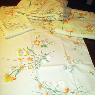 Vintage Jc Penney Percale Queen Sheet Set Yellow Orange Floral Remix