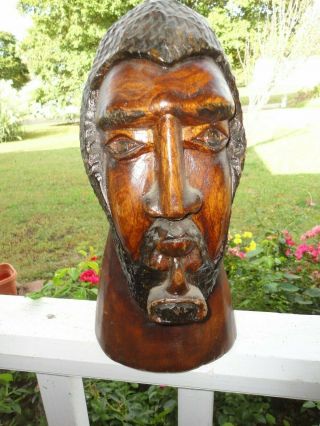 Vintage African Tribal 10 1/2 " Wood Carved Head Sculpture - Man & Pipe