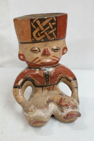 Pre Columbian Polychrome Figural Man Sitting Pottery Head Vase