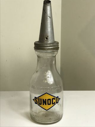 Vintage Antique Sunoco Automobile Oil Bottle W/ Sunoco Yellow & Blue Logo