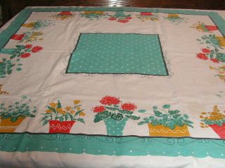 Vintage Tablecloth Potted Plants Print Wrought Iron Table Summer Print Plant Pot