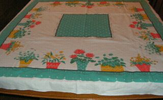 Vintage Tablecloth Potted Plants Print Wrought Iron Table Summer Print Plant Pot 2