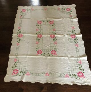 Vintage Cotton Tablecloth Cross Stitch Embroidery Dining Kitchen 48” X 62” Pink