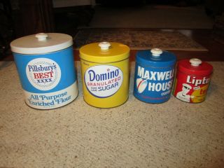 Vintage J.  L.  Clark Pillsbury,  Domino,  Maxwell & Lipton Tea Canister Set