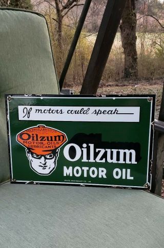 Oilzum Motor Oil Porcelain Sign Gasoline Gas Pump Plate Vintage White & Bagley
