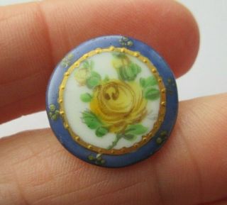 Very Pretty Antique Vtg Porcelain Picture Button W/ Gold Trim Yellow Rose (k)