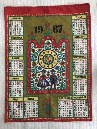 Vintage Mid Century 1967 Calendar Souvenir Tea Towel German Austria Swiss