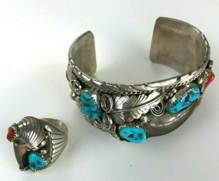 Signed M.  Thomas Navajo Native American Indian Sterling Siver Cuff Bracelet Ring