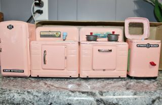 Vintage Trademark Japan Tin Doll Kitchen Frig,  Sink,  Stove & Washer Pink