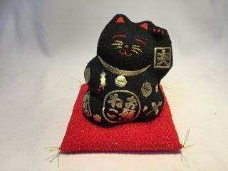 Japanese Vintage Cloth & Pottery Cat Handicraft Ornament Black Lucky Charm