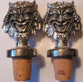 Two Vintage 3.  5 " Godinger Silverplate Bacchus Cork Bottle Stoppers,  - Vg