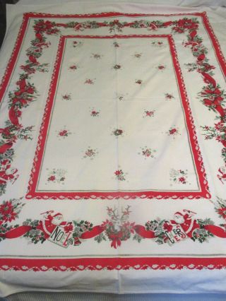 Vtg.  Christmas Table Cloth Bright Graphics White W/red & Green 51 " X 62 " Vguc
