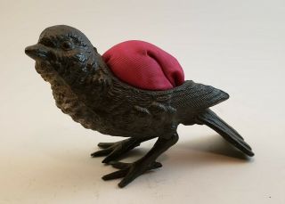 Antique Bird Sparrow Pin Cushion Bronzed Metal - Victorian Needle Aid - 4 " X 3 "