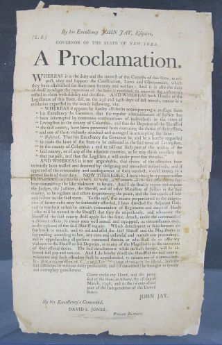 Antique 1798 Broadside York Gov John Jay Order To Call Out The Militia Yqz