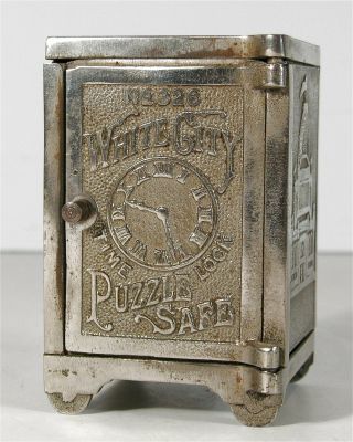 1894 Cast Iron " White City Puzzle Safe " / Floor Safe Form Figural Still Bank