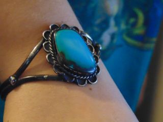 Vintage Signed Navajo Turquoise Sterling Cuff Bracelet 6 1/2 " One Large Stone