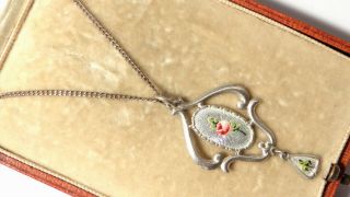 Antique Art Nouveau Silver Charles Horner Enamel Rose Pendant Chester 1918 Chain