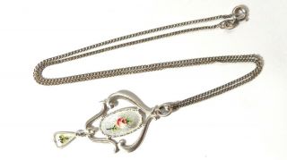 Antique Art Nouveau Silver CHARLES HORNER ENAMEL Rose Pendant Chester 1918 Chain 2