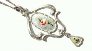 Antique Art Nouveau Silver CHARLES HORNER ENAMEL Rose Pendant Chester 1918 Chain 3
