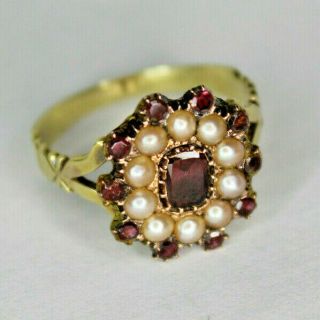 Antique Victorian Solid 9ct Gold Almandine Garnet & Seed Pearl Ring