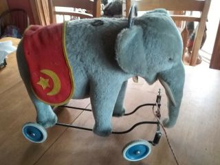 Antique Steiff Ride - On Elephant On Wheels Mohair Vintage Toy.  Chest Tag